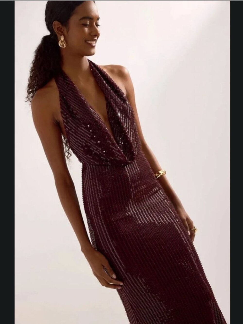 Bardot Nola Beaded Sequin Cowl Halter Maxi Dress